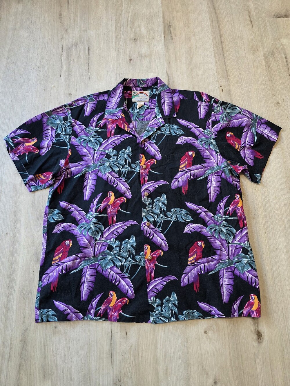 Paradise Found Mens Jungle Bird Tom Selleck Magnum PI Rayon Shirt Size XL Purple